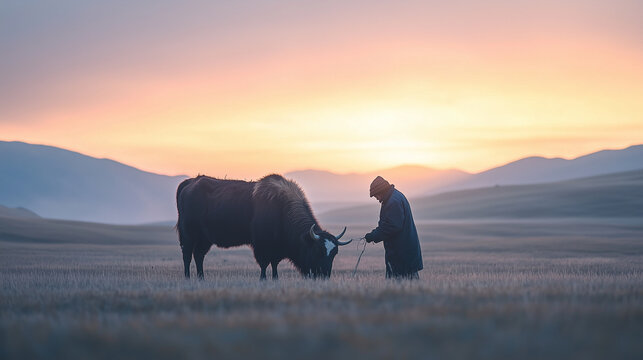Mongolian herder milking a yak in the open steppes at dawn photo