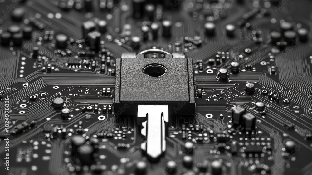 Poster a close-up of a key on a circuit board, symbolizing security and technology.