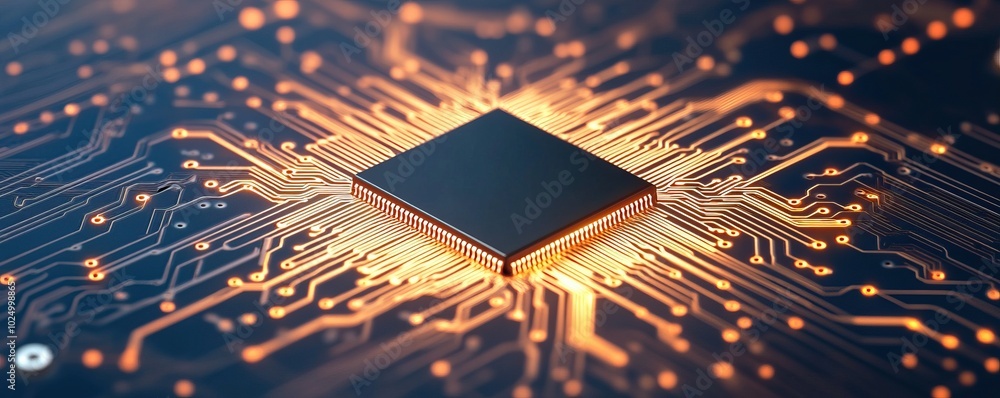 Poster a close-up of a microchip with glowing circuitry, showcasing advanced technology and innovation.