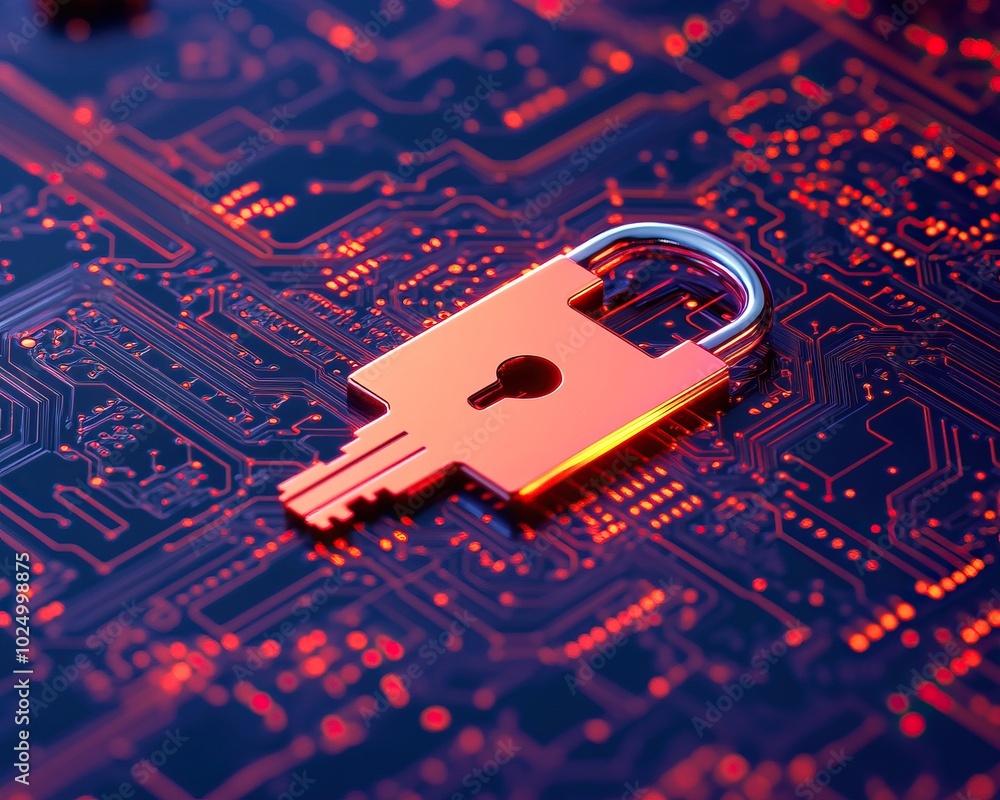 Poster a close-up view of a digital lock on a circuit board, symbolizing cybersecurity and data protection.