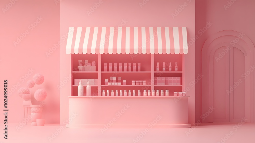 Poster 3. a conceptual 3d rendering of a ykiosk booth with neatly arranged product shelves, adorned with a 