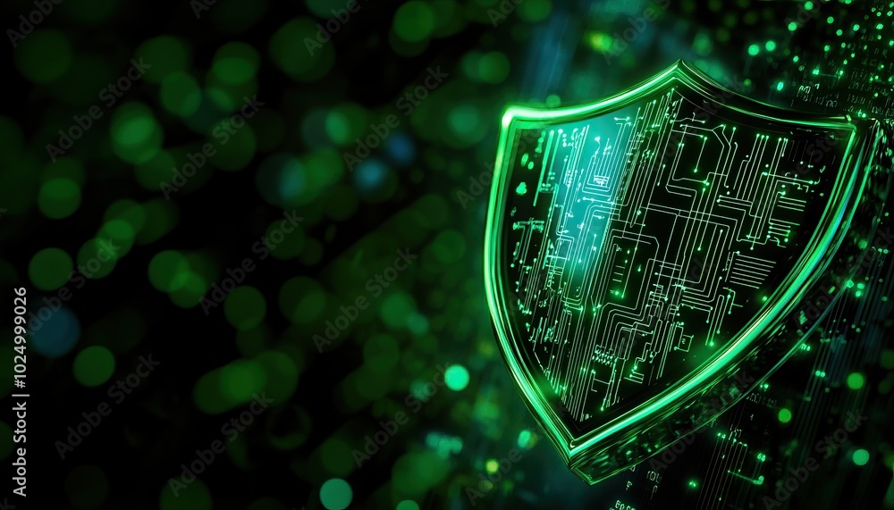 Poster a digital shield symbolizing cybersecurity with a circuit design on a dark green background.