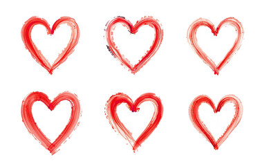 red hearts abstract brush stroke set, isolated on white, stylized ink