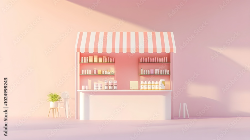 Poster 3. a conceptual 3d rendering of a ykiosk booth with neatly arranged product shelves, adorned with a 
