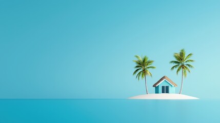 Fototapeta premium A serene island scene featuring a quaint house surrounded by palm trees, set against a vibrant blue sky and tranquil water. Ideal for relaxation imagery.