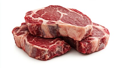 Fototapeta premium Fresh, raw rib-eye steaks layered one atop the other, isolated on a white background, showcasing their rich color and marbled texture