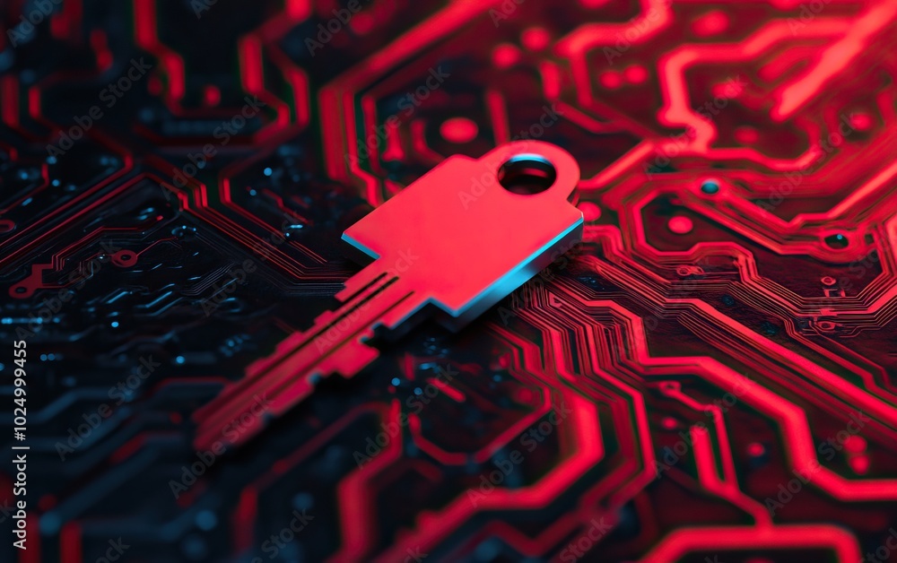 Poster a metallic key on a vibrant circuit board background, symbolizing data security and digital access.