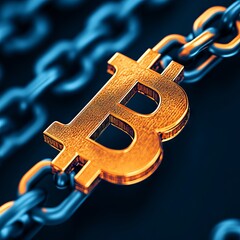 Obraz premium A close-up of a stylized Bitcoin symbol on a chain background.