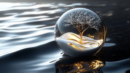 3D rendering of magical, glossy Christmas balls and glass spheres with snow-covered trees inside on a dark blue background with reflective lighting and luxury finishing.