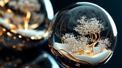 3D rendering of magical, glossy Christmas balls and glass spheres with snow-covered trees inside on a dark blue background with reflective lighting and luxury finishing.