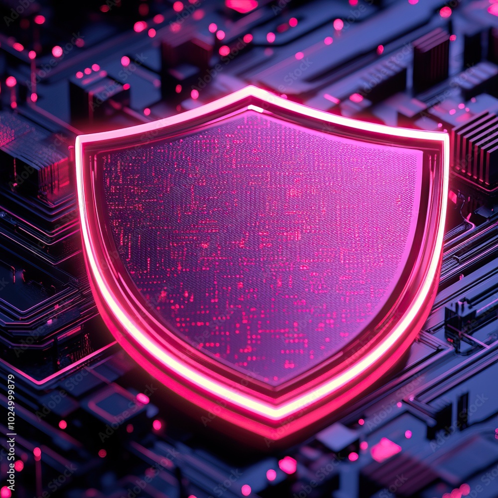 Poster a vibrant neon shield symbol on a dark, futuristic circuit board backdrop highlighting digital secur