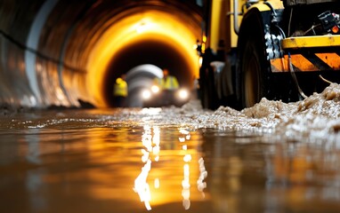 A tunnel scene with water accumulation, illuminated by lights, showcasing machinery in action.