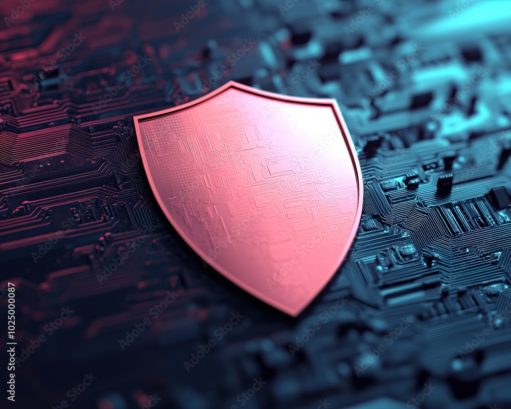 Poster abstract shield symbol on a digital circuit, representing cybersecurity and protection.