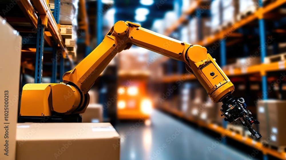 Aufkleber automated robotic arm in a warehouse, efficiently handling packages and improving productivity.