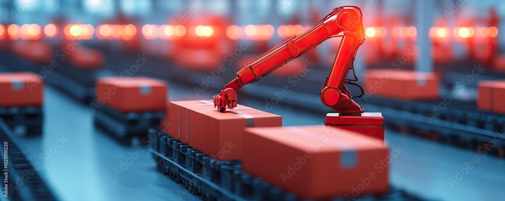 Poster automated robotic arm handling packages in a modern warehouse environment.