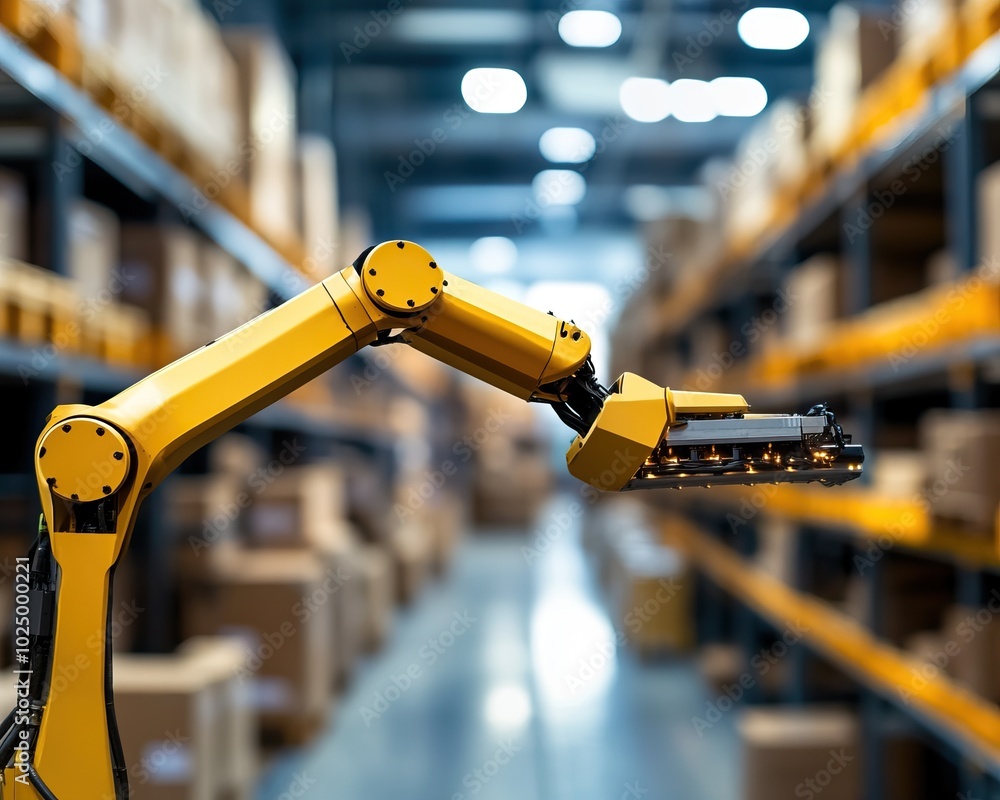 Poster automated robotic arm in a warehouse efficiently handling packages on the production line.