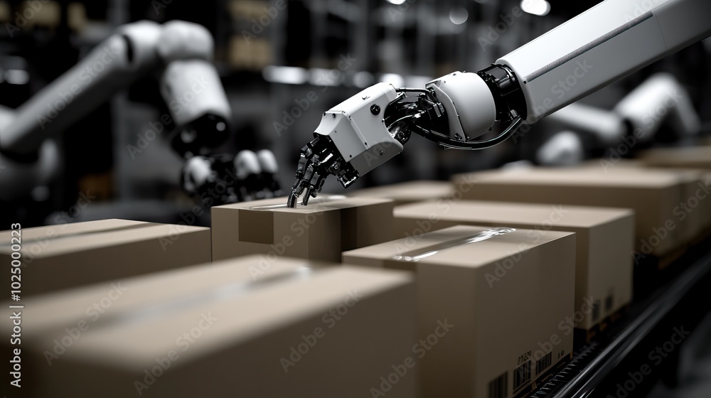 Poster automated robotic arms sorting packages in a modern warehouse environment.