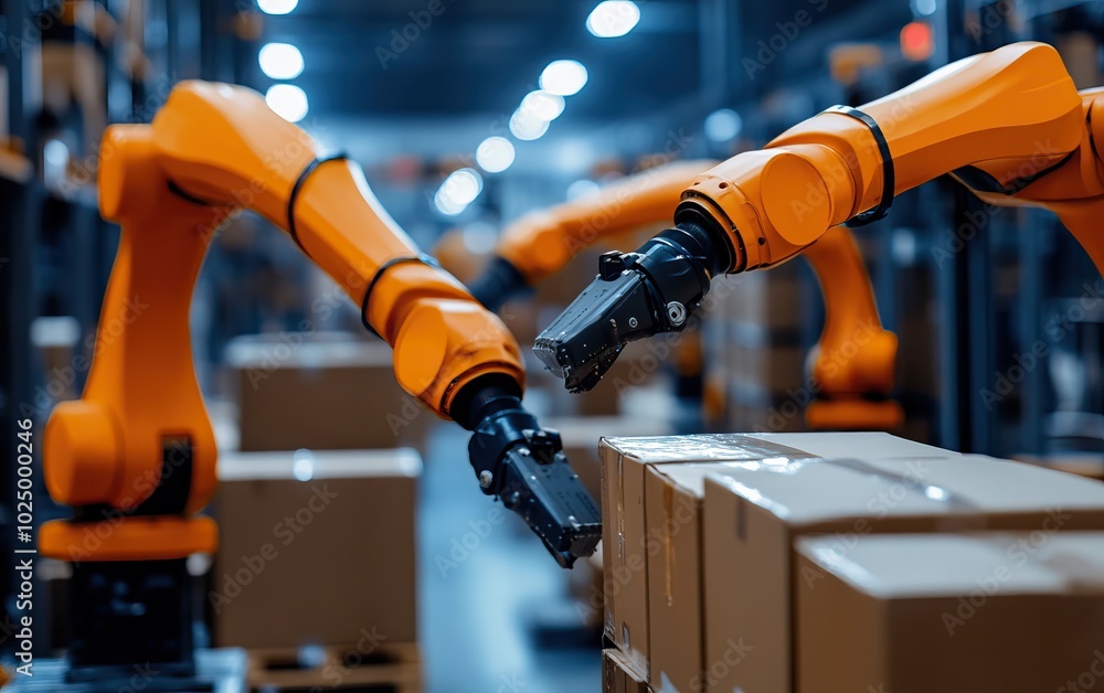 Poster automated robotic arms working in a warehouse, efficiently handling packages in a modern logistics e