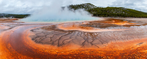 Stunning View of Grand Prismatic Spring in Yellowstone National Park, Wyoming, USA Amidst Steaming Geothermal Activity