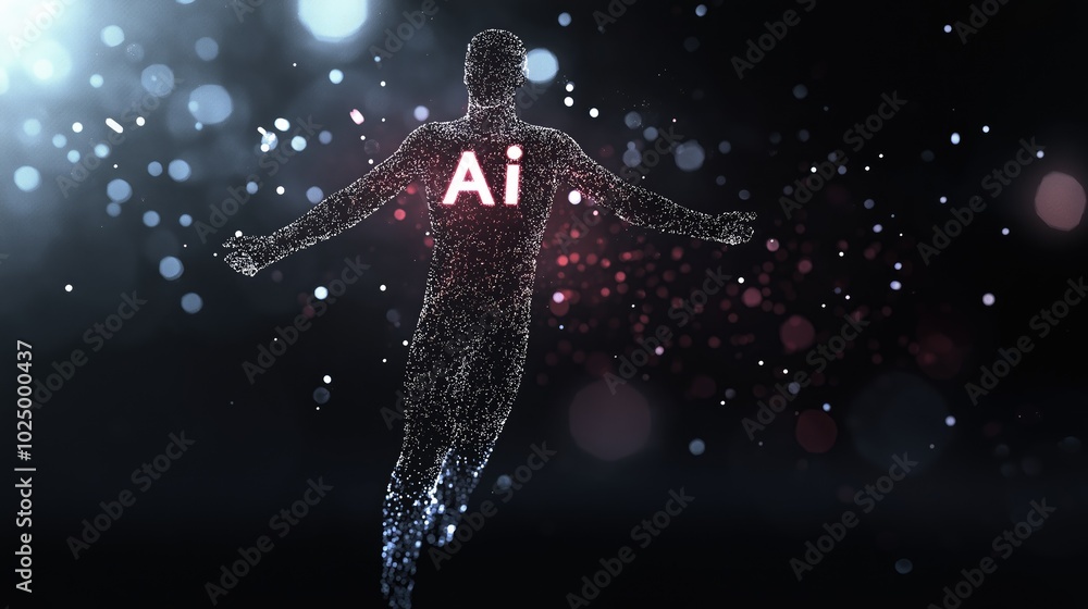 Poster a luminous figure in virtual space represents artificial intelligence with glowing ai letters