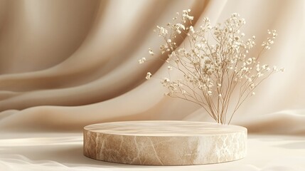 Minimalist product display with a round marble podium and white flowers on a beige fabric background.