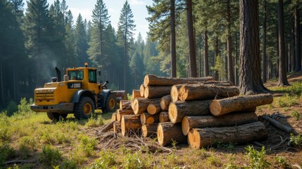 A yellow forestry machine in action near stacked logs in a dense pine forest, representing logging and timber processing activities.