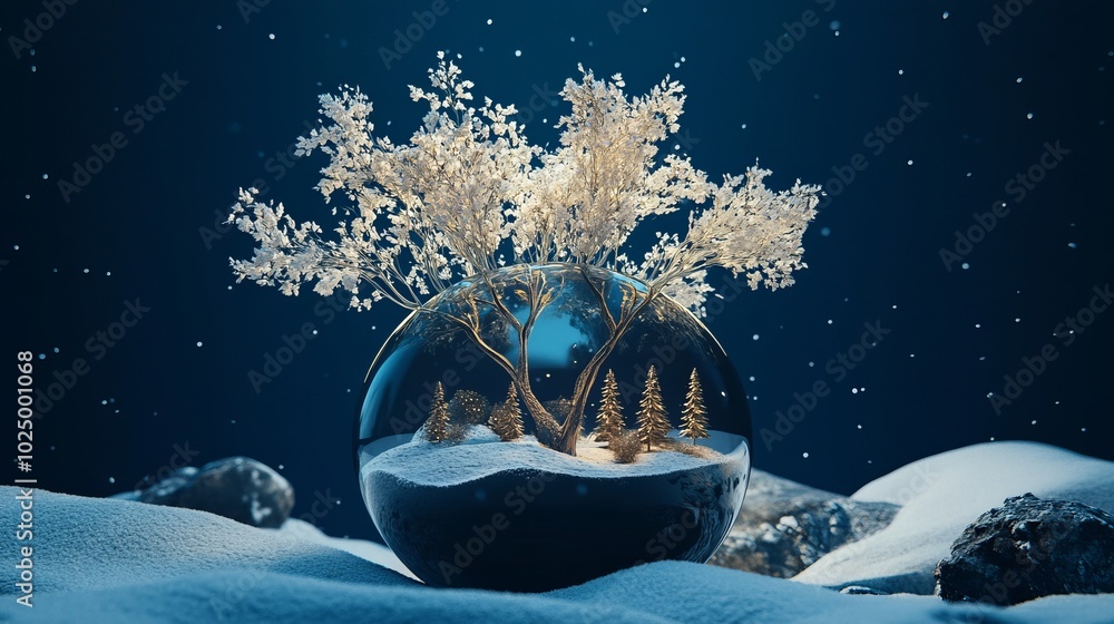 Wall mural 3d rendering of magical, glossy christmas balls and glass spheres with snow-covered trees inside on 