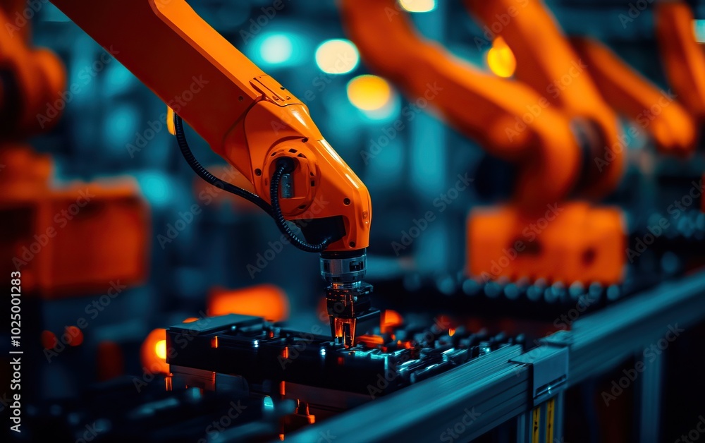 Poster industrial robotic arms working on an assembly line in a modern factory environment.