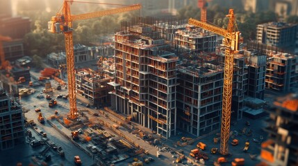 Fototapeta premium a 3d rendering of a building under construction with cranes and other construction equipment, fully built buildings, construction site, construction yard, complex 3d render.