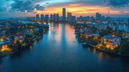 Fototapeta premium Tranquil Dusk: Aerial View of Monochrome City Skyline with Blue Tones and Glistening Water Reflections