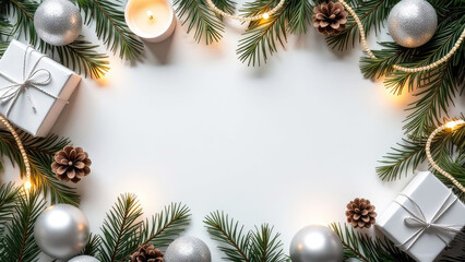 Flat lay Christmas banner with space for text on a white background with neon garlands. Frame of fir branches, glass toys, sparkling confetti, pinecones, candles and atmospheric lights