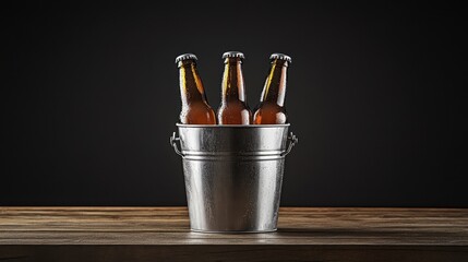 Ice-cold beer bottles in a metal bucket, sitting on a wooden table against a black background, perfect for a casual gathering