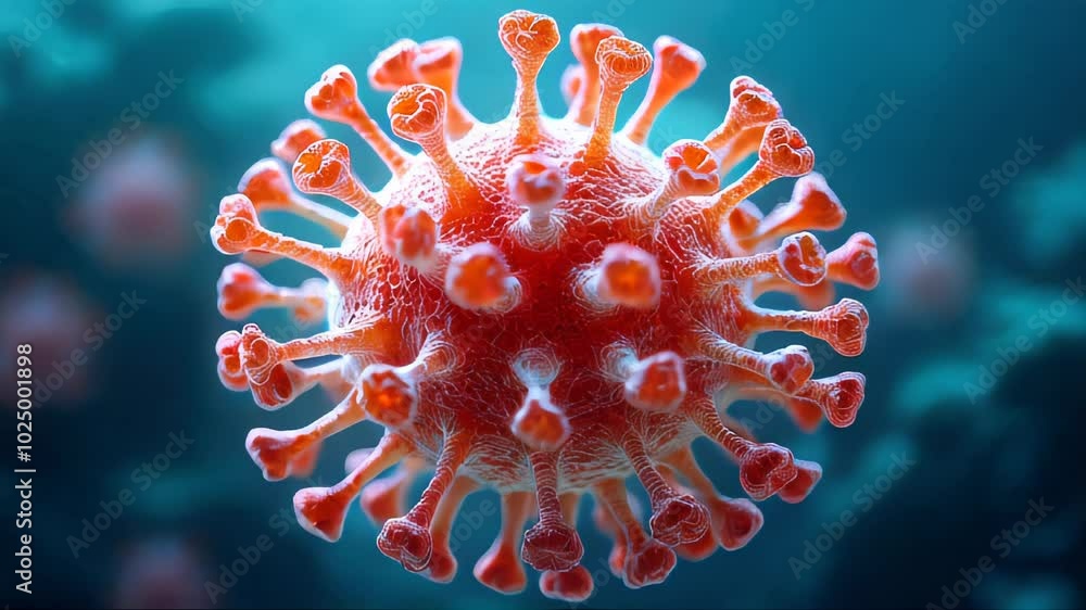 Poster a highly detailed, close-up 3d rendering of a pink virus particle, floating in a microscopic environ