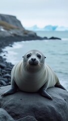 A delightful harbor seal lounging on a rocky shore, curiously observing its surroundings with bright eyes, framed by a breathtaking coastal landscape and serene waters, capturing the essence of nature
