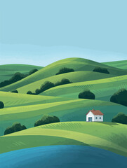 Obraz premium Minimalist illustration of rolling hills with a small white house under a clear blue sky. Vibrant greens and blues create a serene and tranquil landscape scene in a modern, flat style.