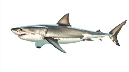 Obraz premium Massive great white shark isolated on a clean white background, displaying its streamlined body and sharp, predatory features
