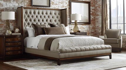 A photograph of an industrial loft style bedroom with exposed brick walls metal accents and sleek modern furniture creating a sophisticated and comfortable living space