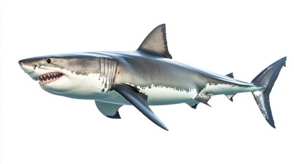 Fototapeta premium Massive great white shark isolated on a clean white background, displaying its streamlined body and sharp, predatory features