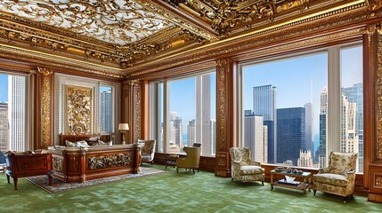 Obraz premium Stunning Penthouse Bedroom with Floor to Ceiling Windows Plush Furnishings and Sophisticated Lighting Creating a Serene and Elegant Living Space