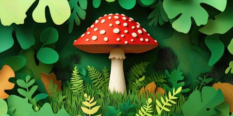 Vibrant red fly agaric mushroom thrives in lush green moss, surrounded by leaves and pine needles, Red fly agaric mushroom on green moss with leaves and pine needles.