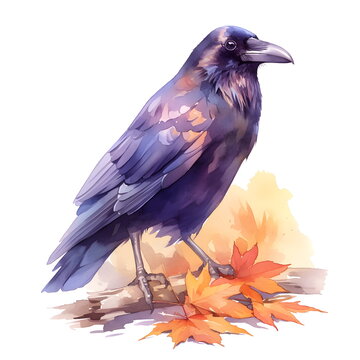 Black Raven watercolor illustration on white background