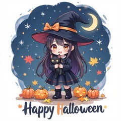 Chibi Witch Holding Black Cat Surrounded by Pumpkins and Moon