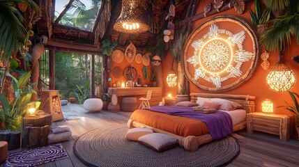 A warm and cozy wooden bedroom with soft fabrics natural textures and a serene intimate atmosphere perfect for relaxation and comfort