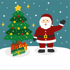 santa claus with christmas tree and gift box, flat illustration santa claus with christmas tree on winter background 