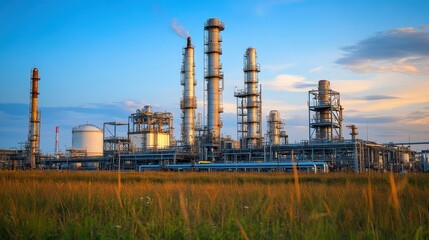 Oil and gas processing facilities with tall towers, pipelines, and industrial equipment, highlighting the complexity of energy production