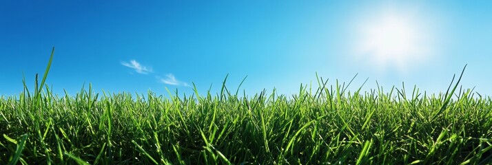 Obraz premium Lush Green Lawn Under Clear Blue Sky, Exquisite Texture of Grass, Inviting Outdoor Serenity, Perfect for Relaxation and Leisure