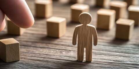A finger selecting a single wooden figure amongst cubes, showing choice and individuality in an abstract representation.