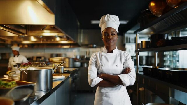 Portrait Of Young Beautiful African American Female Chef Looking At Camera And Smiling. Working In A Busy Restaurant Kitchen.