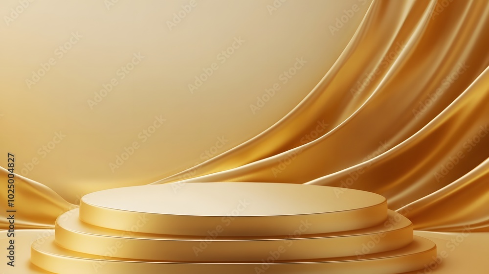 Poster 1. a luxurious 3d rendering of an abstract gold platform podium, featuring smooth curves and geometr