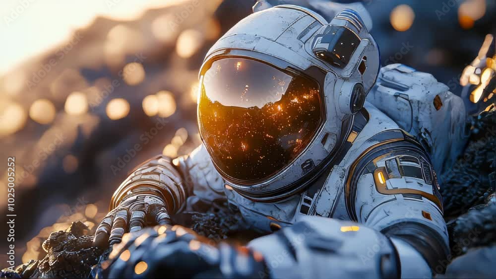 Poster astronaut in a space suit navigates through a rugged asteroid terrain, with a golden reflection in t
